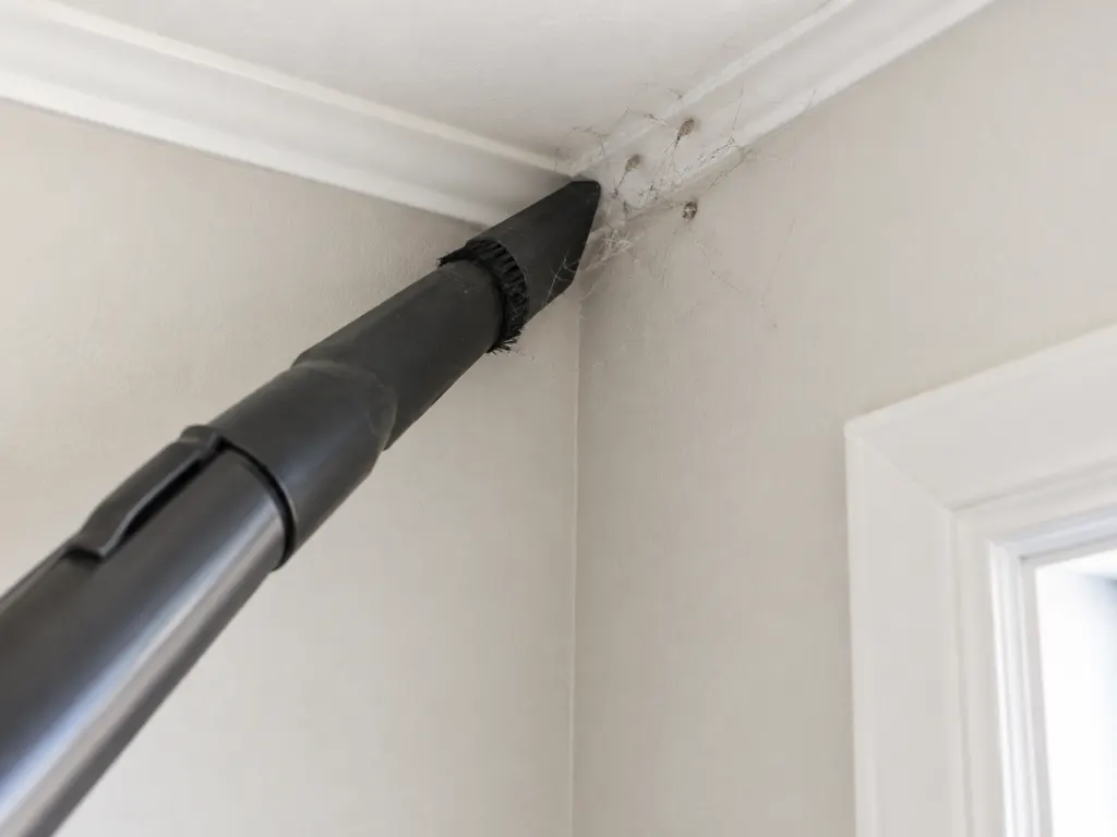 A vacuum nozzle removing webs and tiny lint-like cases from a wall corner.