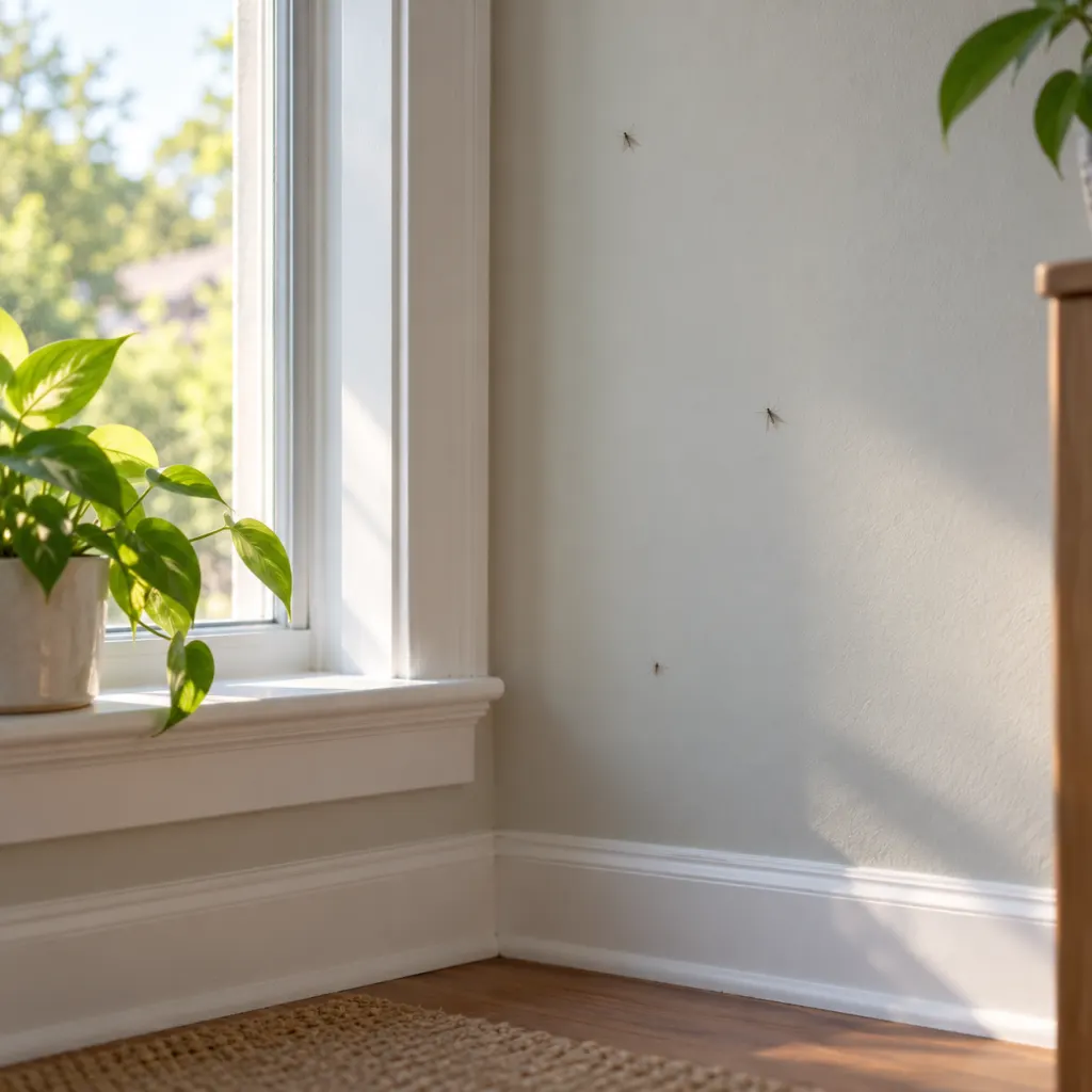 Small insects resting on a clean painted wall near a bright window.