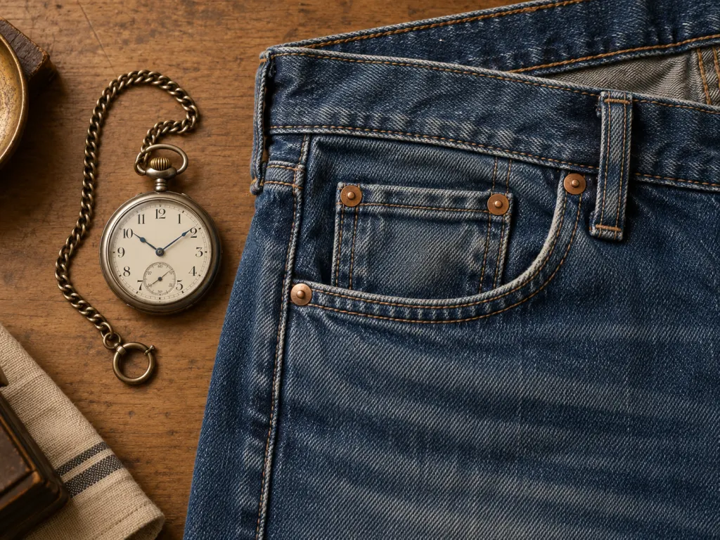 Blue jeans laid beside an antique pocket watch and chain.