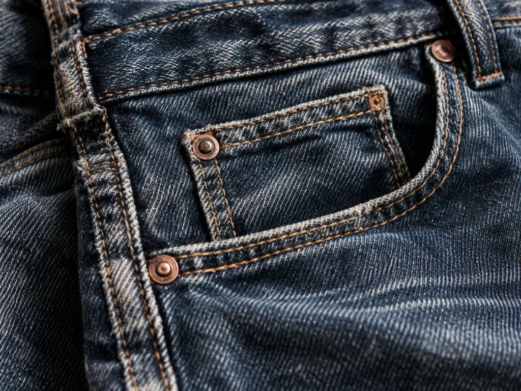 Macro view of denim rivets and reinforced pocket stitching.