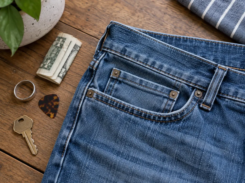 Small everyday items arranged beside a jeans watch pocket.
