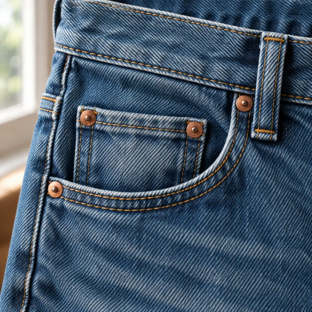 Close-up of blue jeans showing the small watch pocket and rivets.