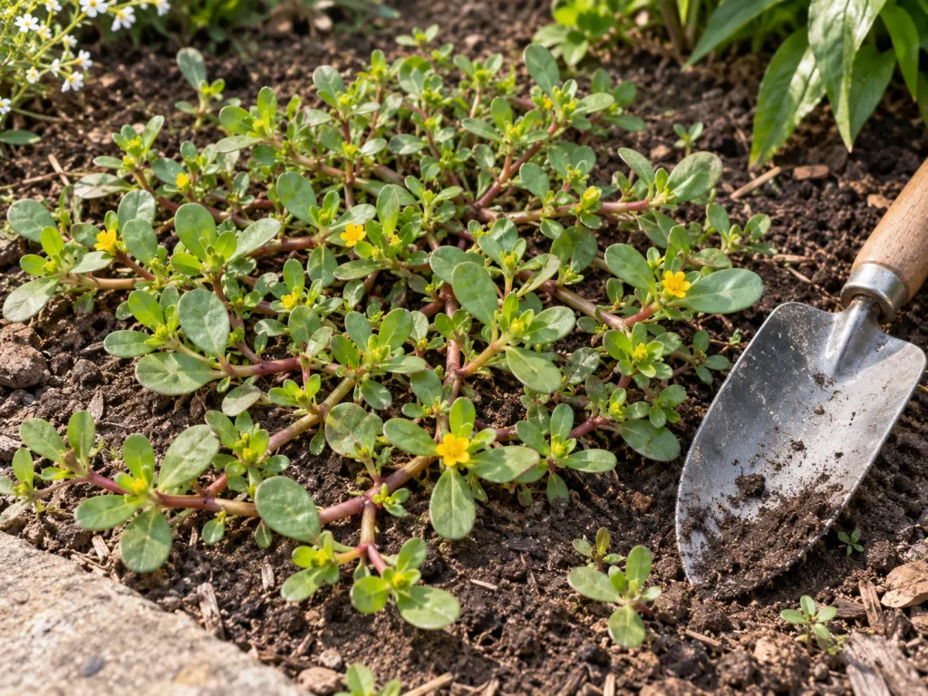 A low mat of purslane in soil with a trowel nearby for scale.
