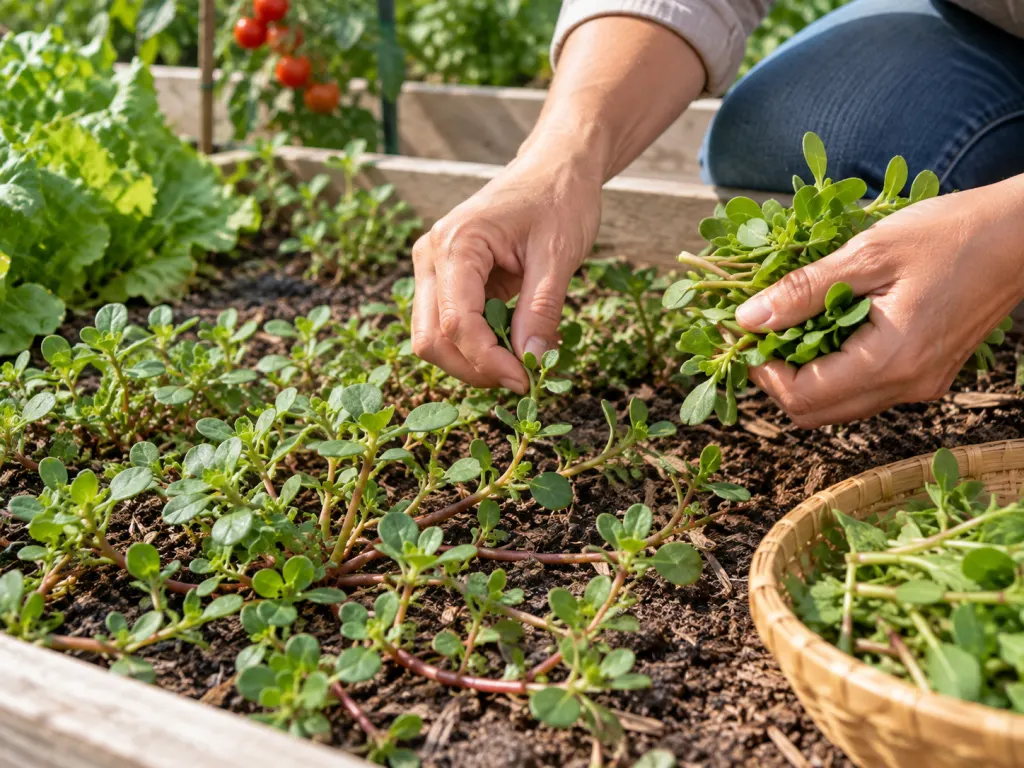 Hands picking tender purslane tips from a clean raised garden bed.