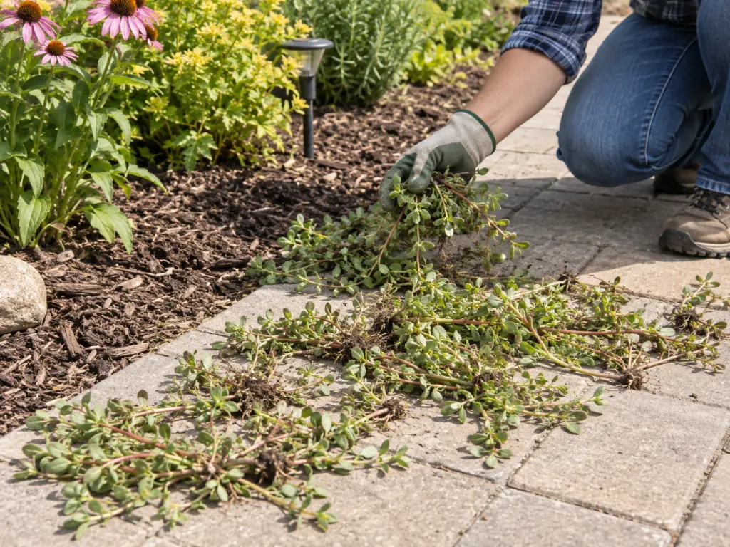 Pulled purslane drying on a paved surface next to a mulched garden bed.