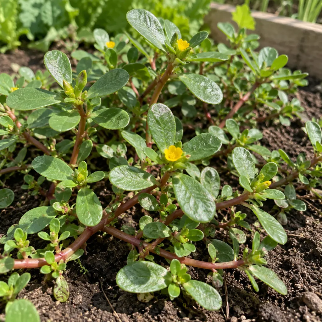 Common purslane with fleshy leaves and reddish stems growing low in a garden bed.