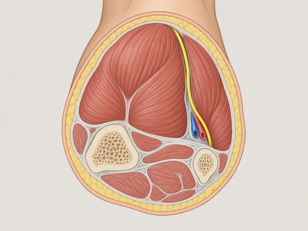 Educational illustration of a lower leg cross-section showing the calf muscle and a nearby nerve pathway