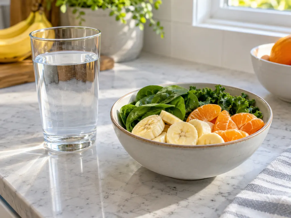 Glass of water next to bananas, orange segments, and leafy greens on a kitchen counter