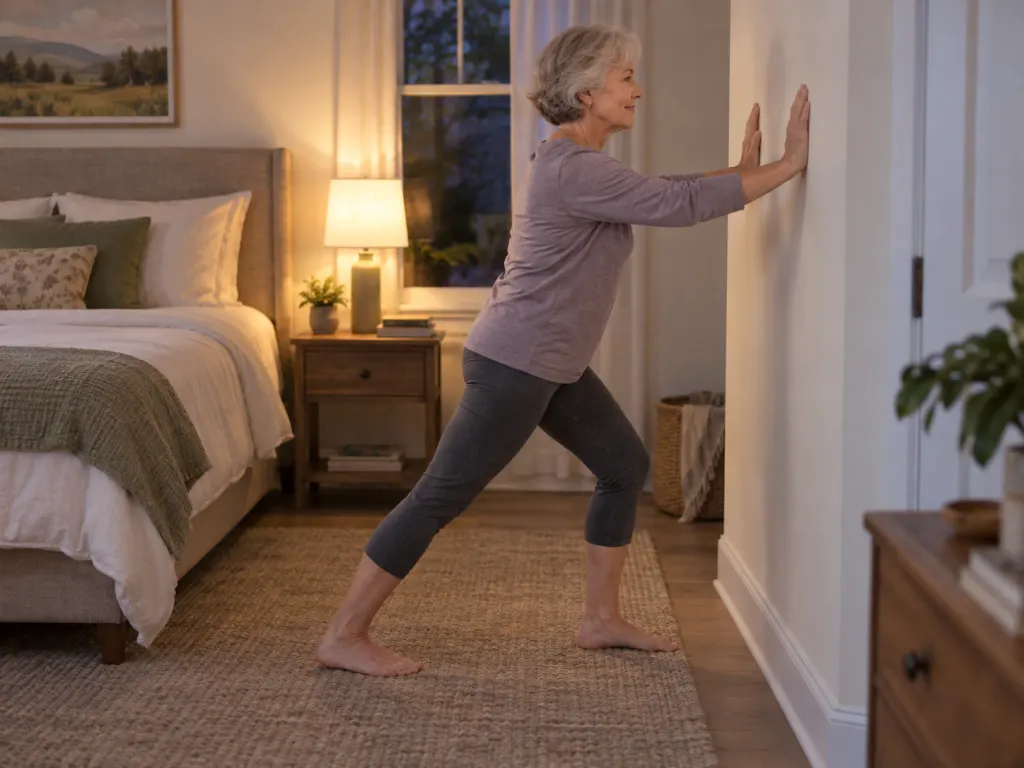 Older adult calmly performing a gentle calf stretch against a wall in a bedroom