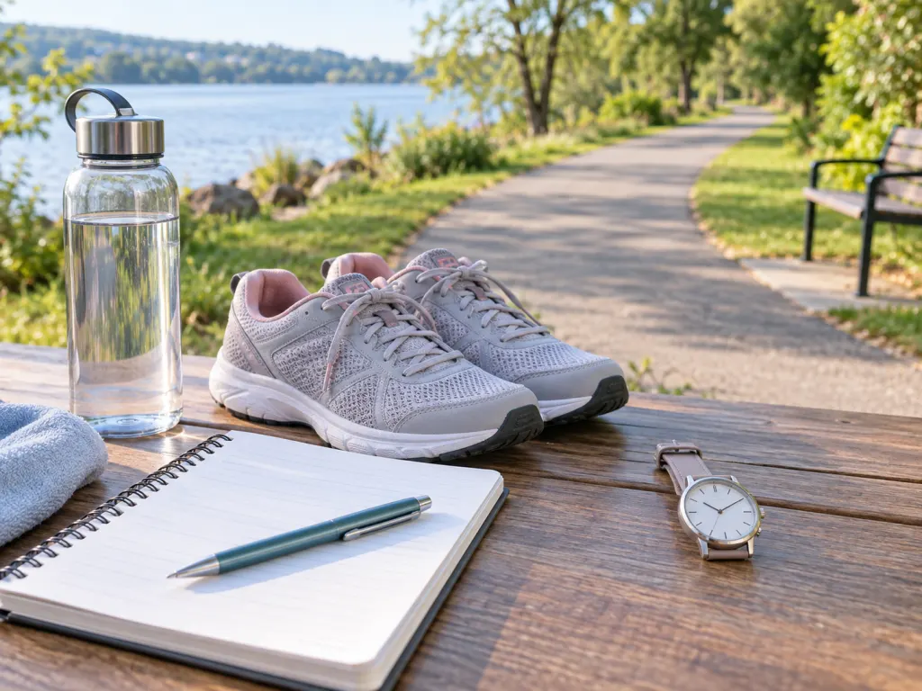 Walking shoes, a notebook, and a watch arranged beside a walking path.
