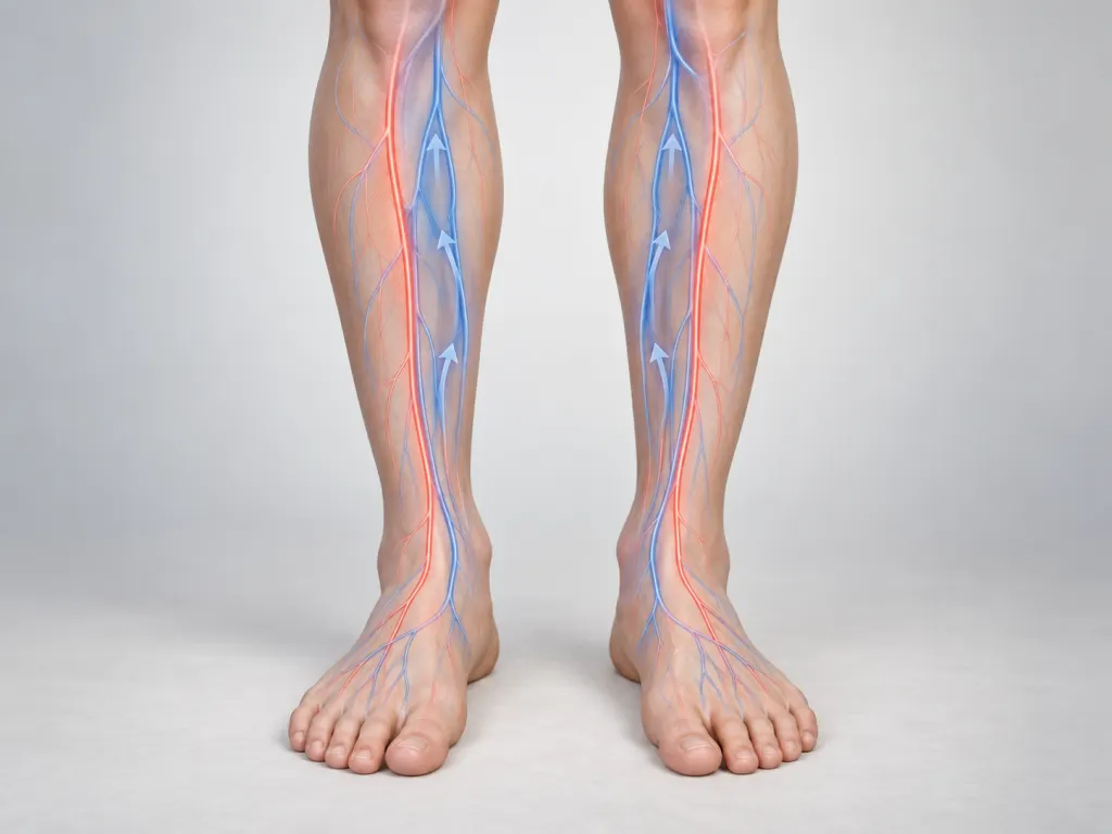 A calm illustration of lower legs with a subtle circulation overlay.