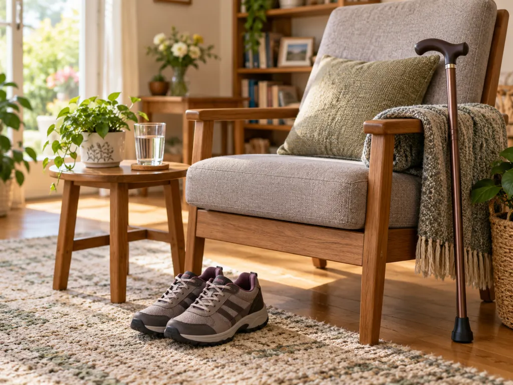 Supportive shoes, a chair, water glass, and cane in a calm home setting.