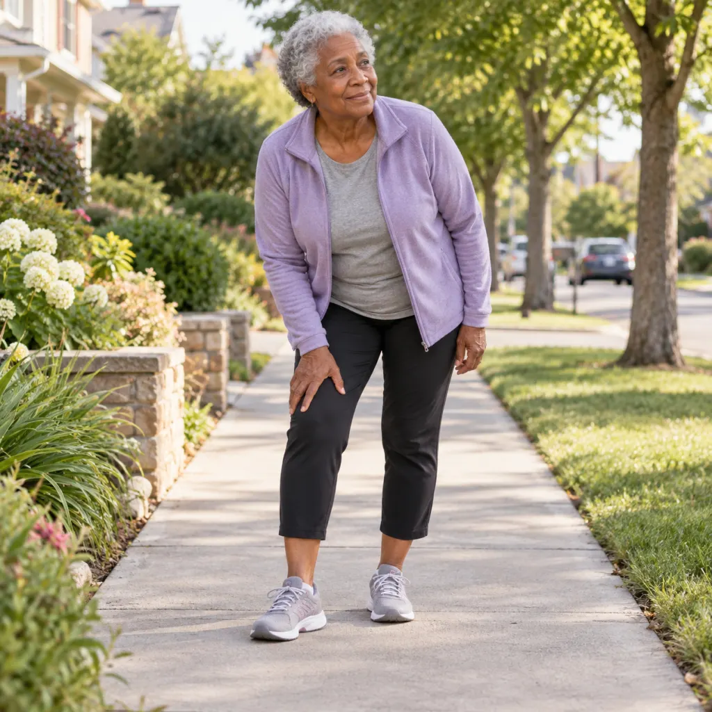 An adult pauses during a walk with one hand resting on the thigh.