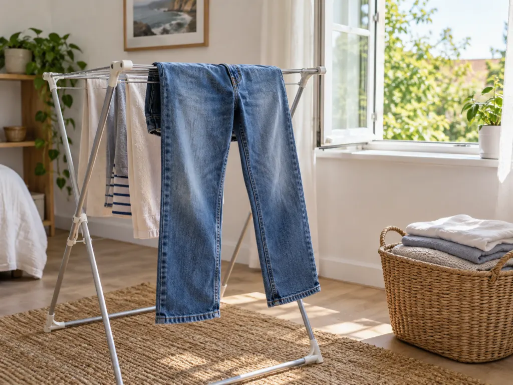 A pair of jeans air drying on a rack near a bright window.