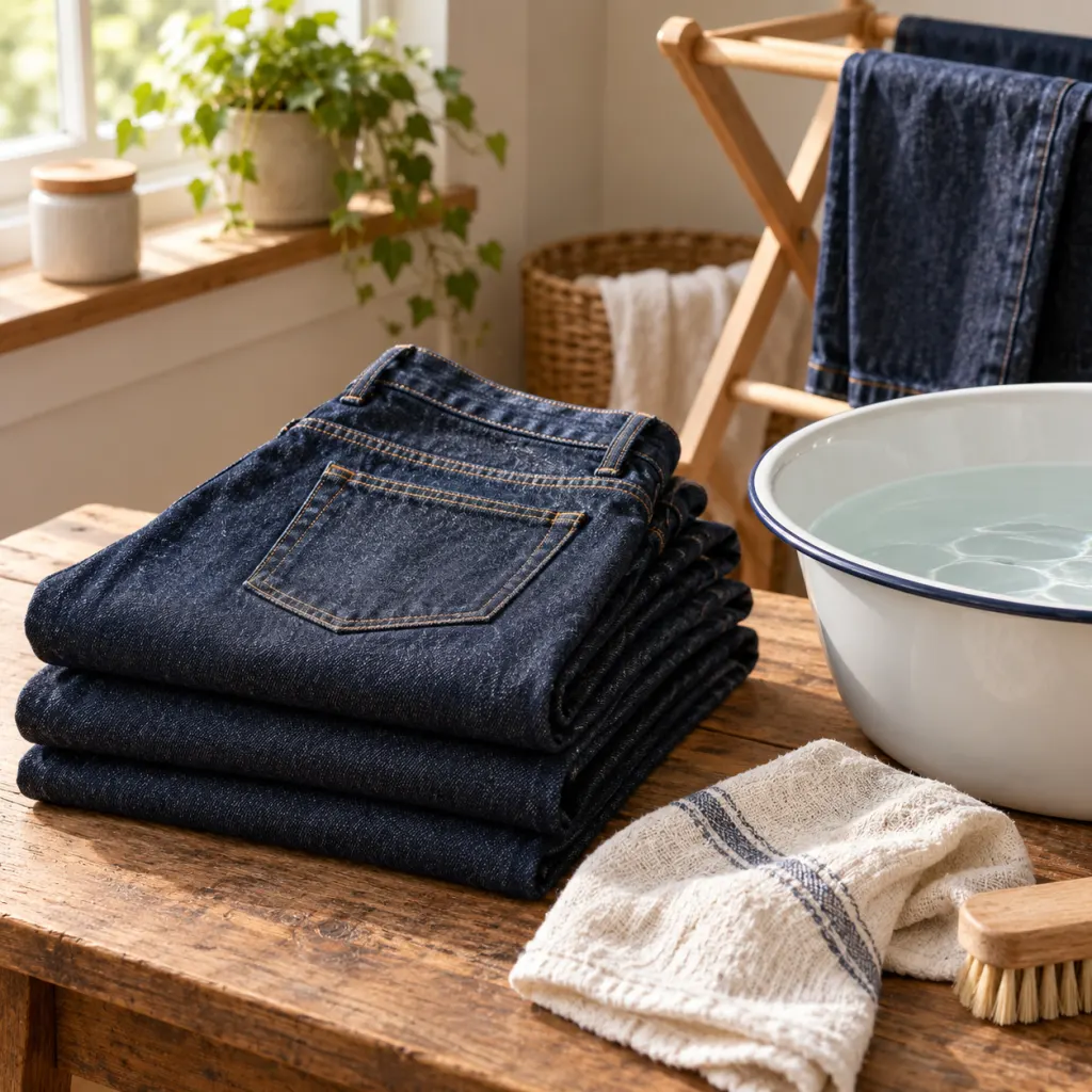 Folded dark jeans with a cloth, basin, and drying rack suggesting gentle denim care.