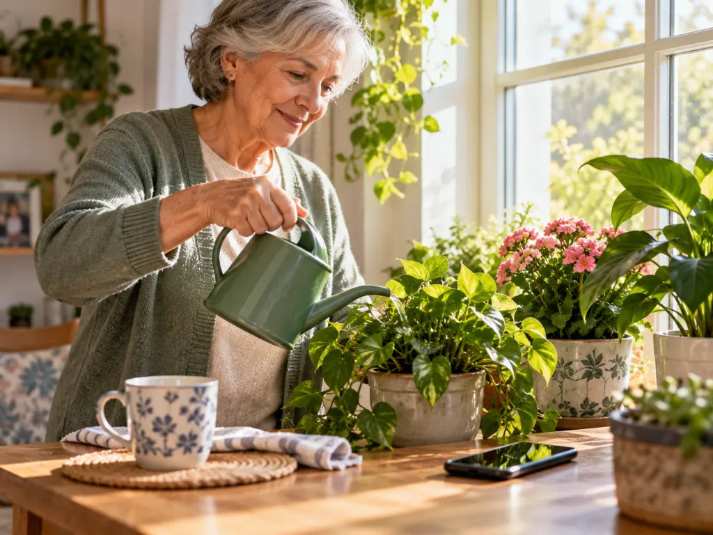 Older adult watering plants near a sunny window with a phone nearby.