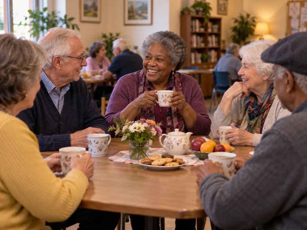 Older adults talking together around a table in a community setting.