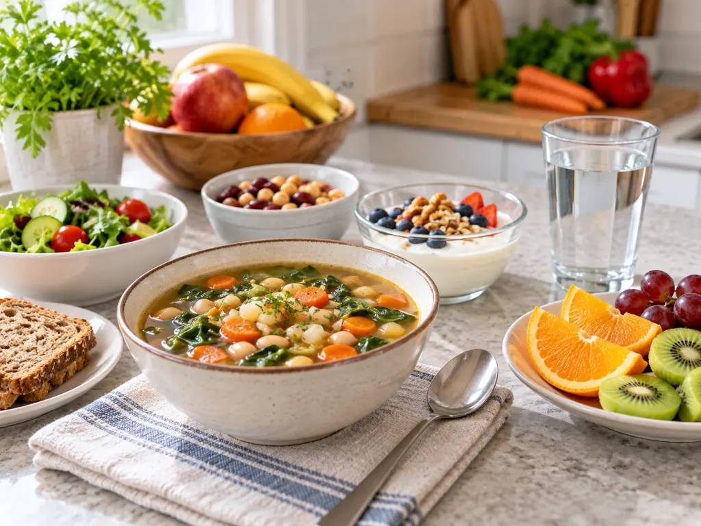 Simple nourishing foods and a water glass arranged on a kitchen counter.