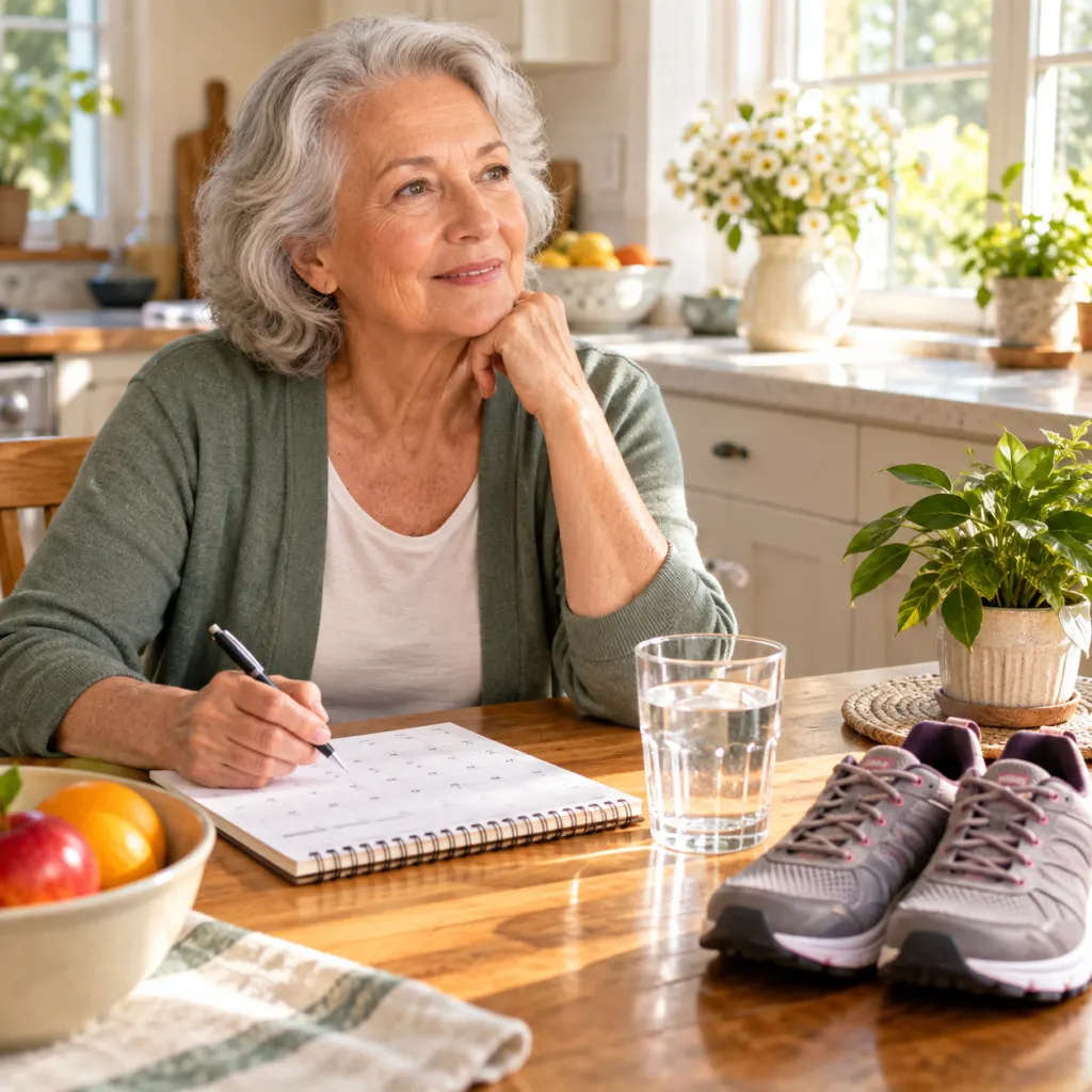 Older adult at a kitchen table with everyday items that suggest routine, connection, and mobility.