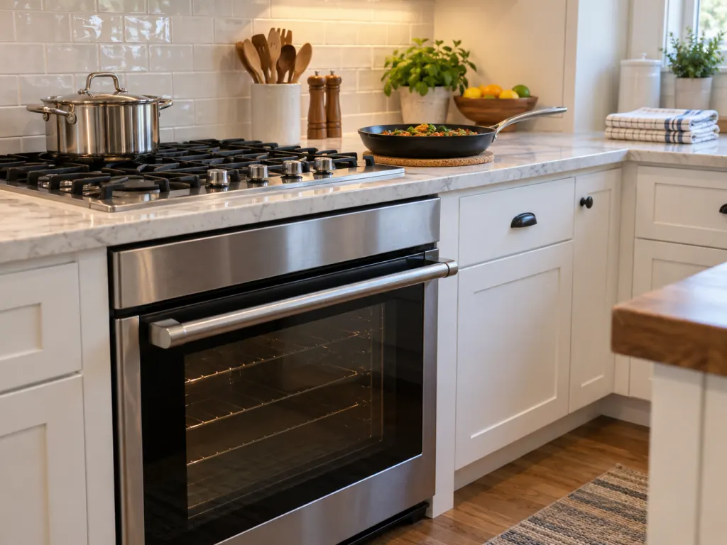 An oven and stovetop area with a clear handle, a pan on a trivet, and towels kept away from heat.