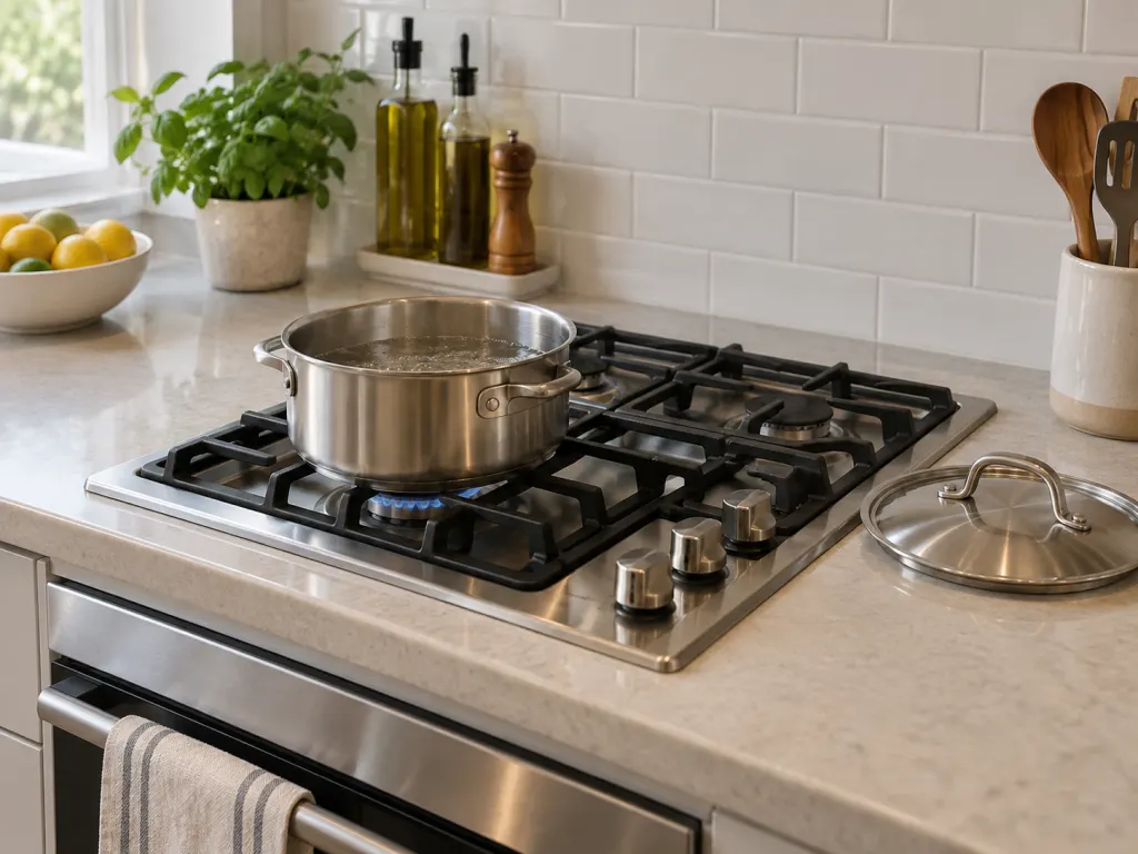 A clear cooktop with pot handles turned inward and no towels or paper near the burners.