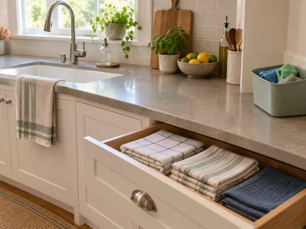 Separate kitchen towel storage for hand drying, dish drying, and cleanup cloths.