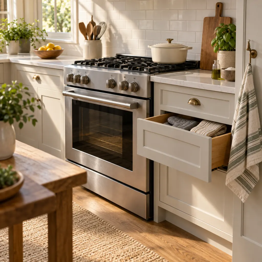 A tidy kitchen with a tea towel hanging on a side cabinet hook away from the oven and stovetop.