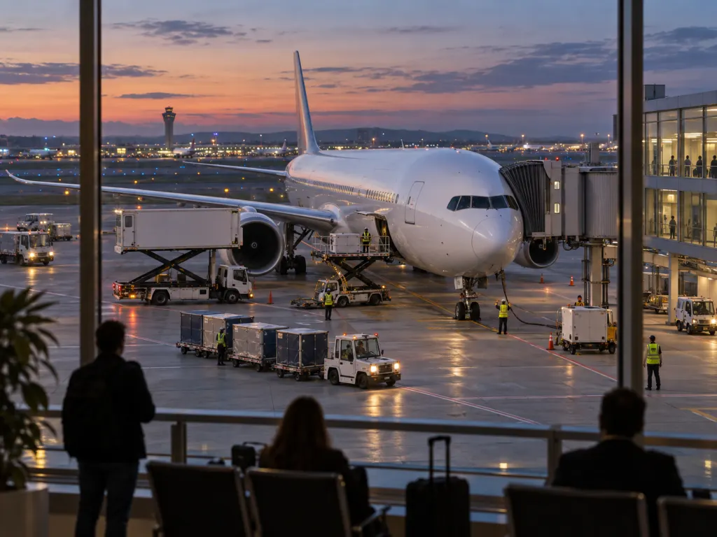 A wide-body aircraft at an airport gate at dusk being prepared for an evening departure.