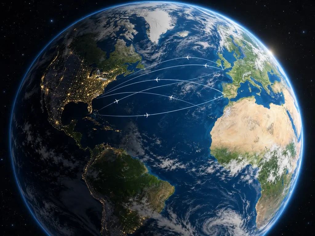 An illustrated Atlantic view showing flight arcs from evening North America toward morning Europe.