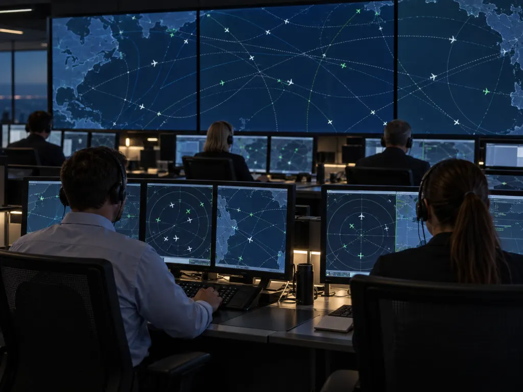 An air traffic operations room with abstract oceanic route lines on screens.