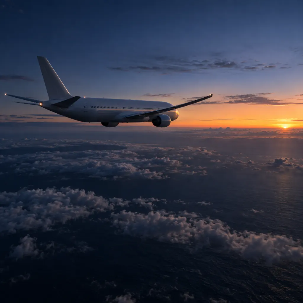 A passenger jet cruising over the Atlantic at night with a faint sunrise on the horizon.