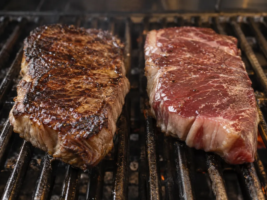 Two similar steaks on a grill showing how surface moisture changes browning.