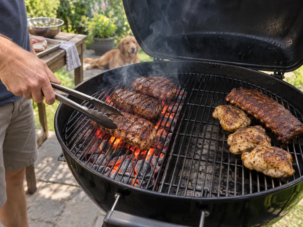 A two-zone grill setup showing meat cooking over direct and indirect heat.