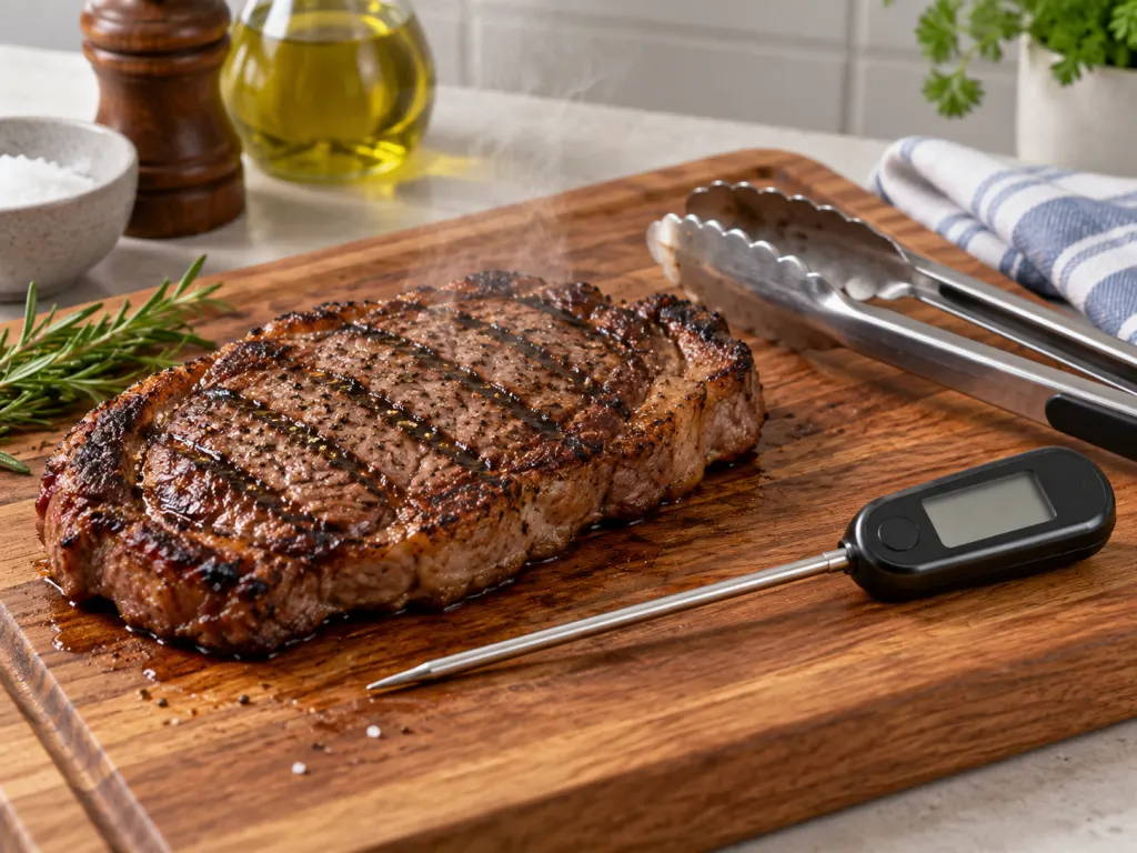 Cooked grilled meat resting on a board with a thermometer and clean tongs nearby.