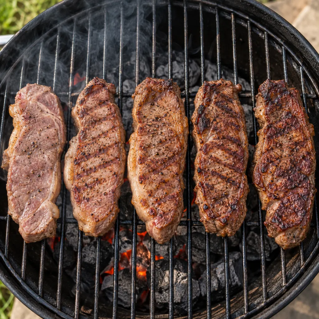 Similar cuts of meat on a grill showing different browning and surface texture.