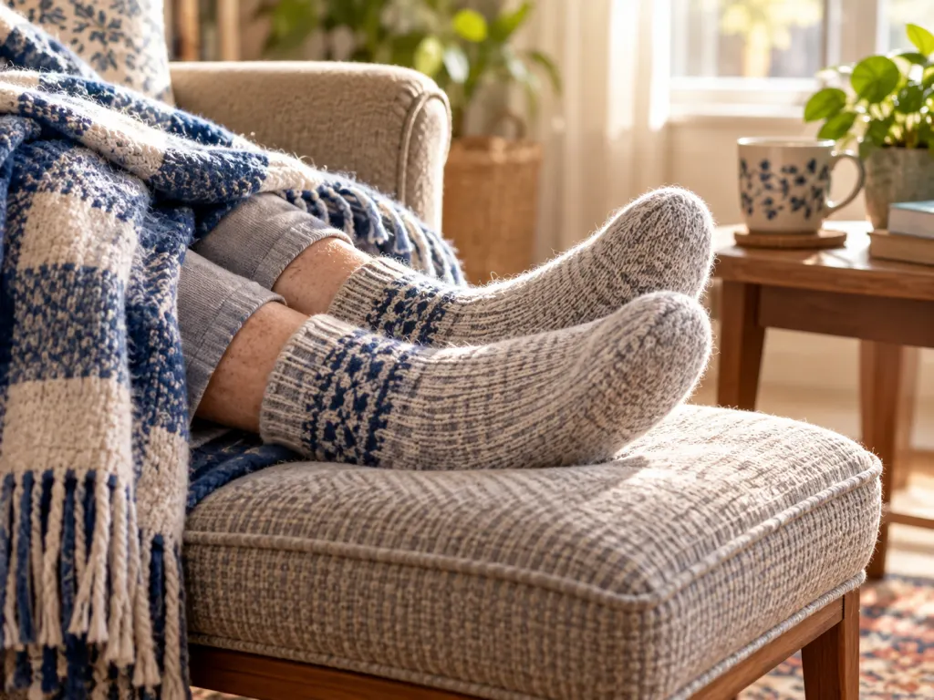 Sock-covered feet resting comfortably on a footstool in a home living room.