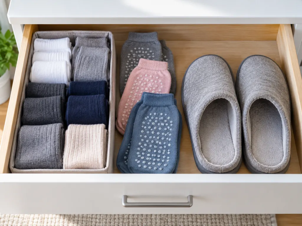 Clean socks, grippy socks, and supportive slippers arranged for safe indoor use.