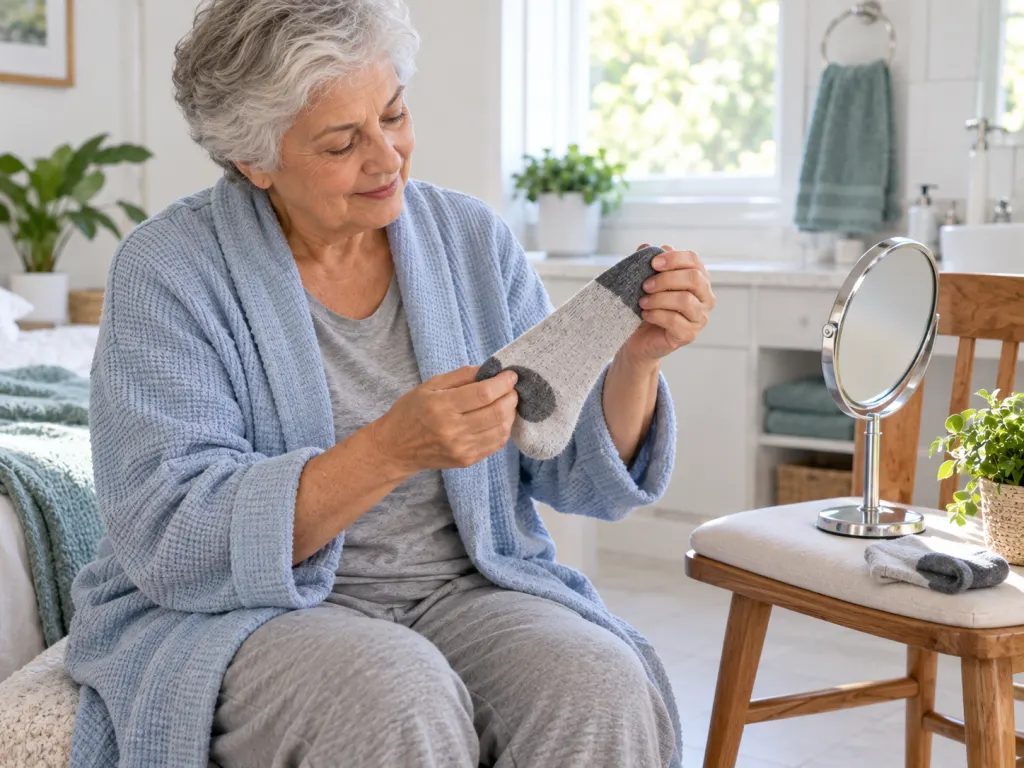 An older adult checking a sock for fit and wear before putting it on.