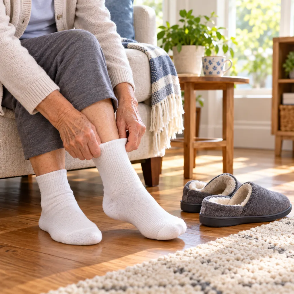 An older adult putting on clean socks beside nonslip slippers at home.