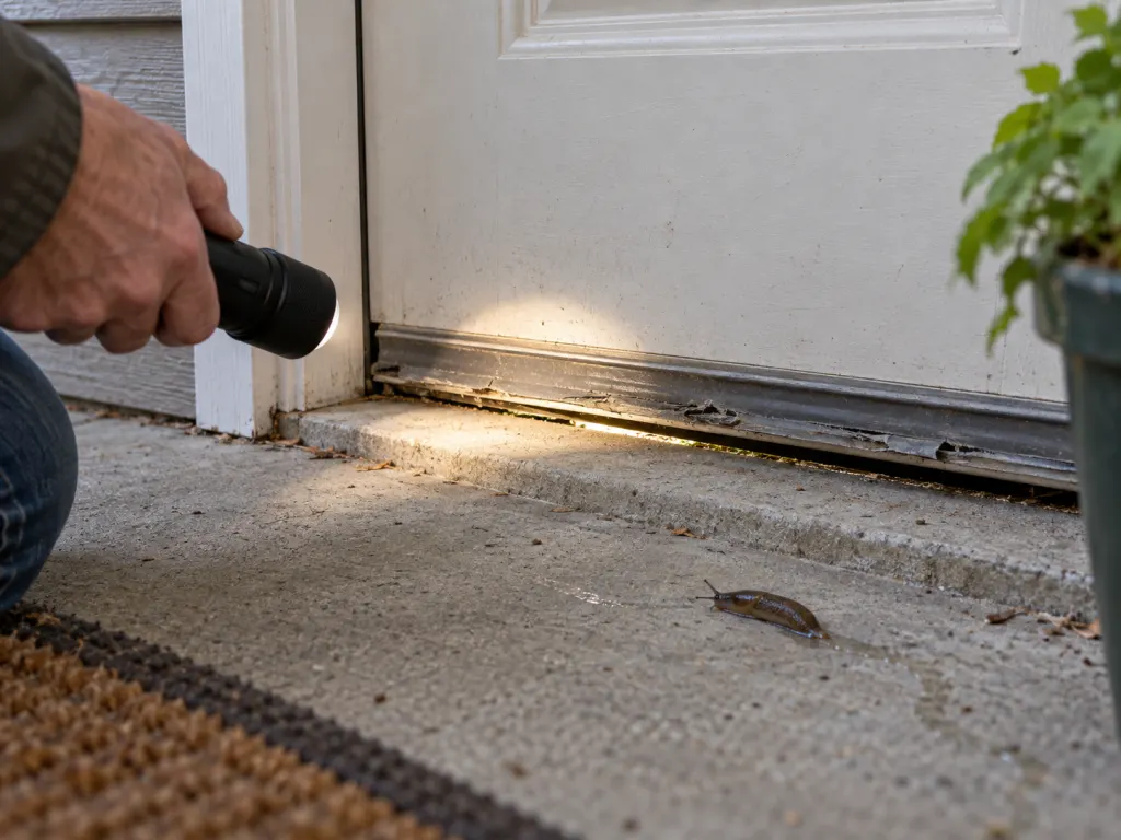 A flashlight highlights a small gap below an exterior door and a slug trail.