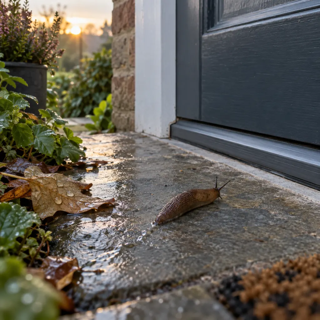 A slug near a damp door threshold with a visible slime trail.
