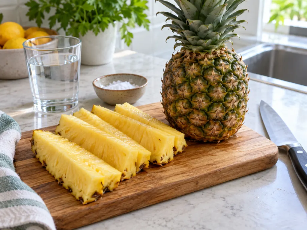 Cut pineapple spears prepared beside salt and water on a clean board.