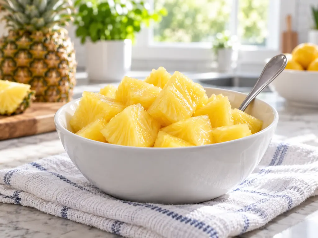 Drained pineapple chunks served in a white bowl after soaking.