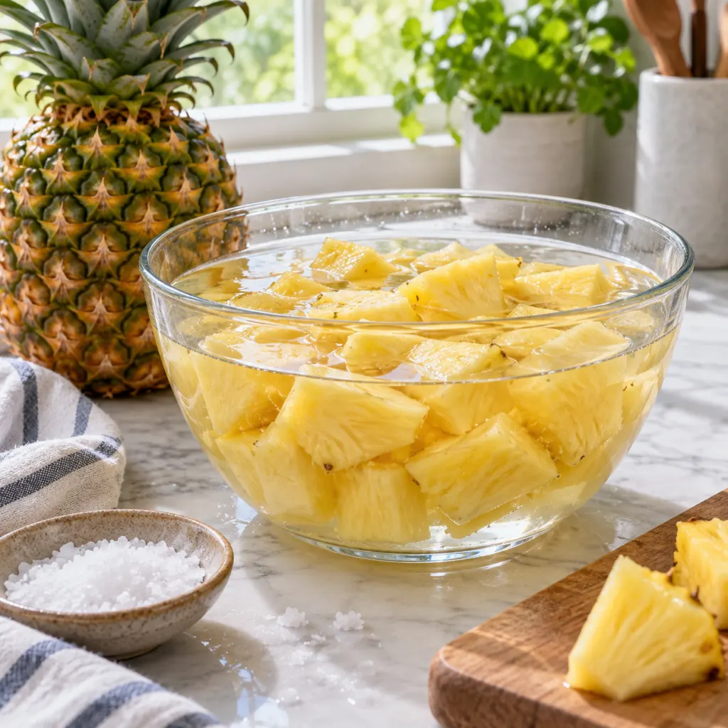 Fresh pineapple chunks soaking in a clear bowl of lightly salted water.