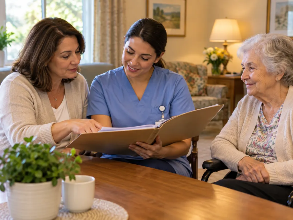 Family member and staff member discussing a care plan with an older resident nearby.