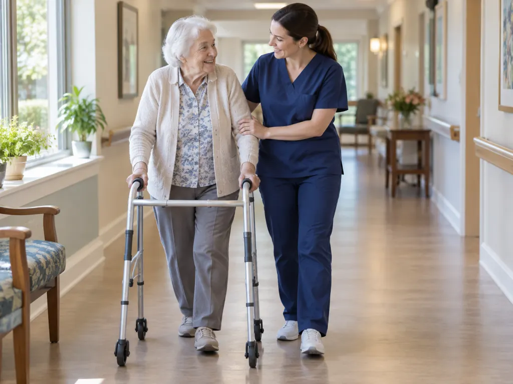 Older adult walking safely in a nursing home hallway with supportive staff nearby.