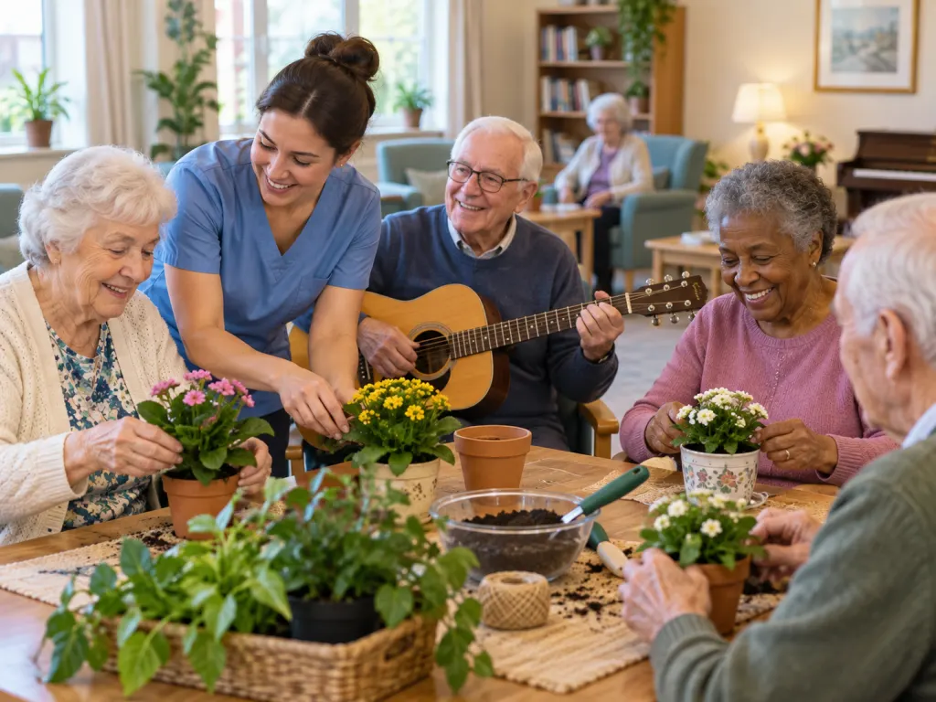 Older adults taking part in a small meaningful group activity in a nursing home lounge.