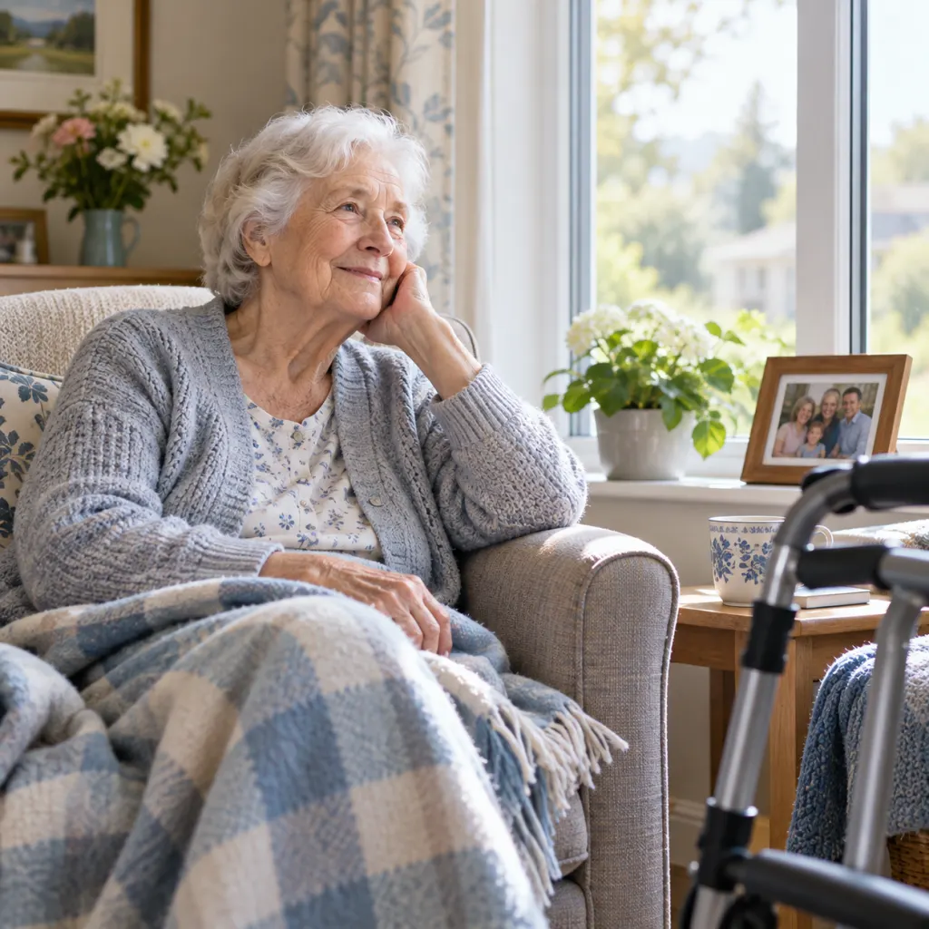 Older adult sitting calmly near a window in a nursing home room with familiar personal items.