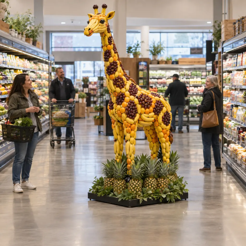 A grocery aisle with an unusual display drawing quiet attention from shoppers.