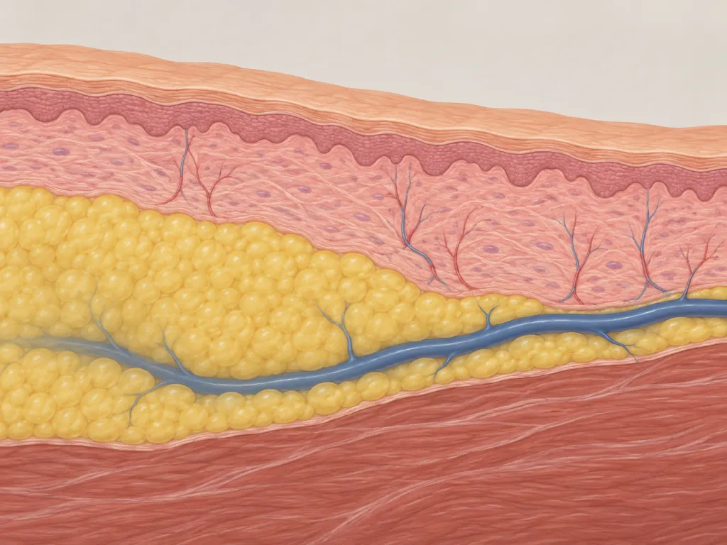 Educational cross-section illustration of skin layers showing a vein becoming more visible as subcutaneous fat thins